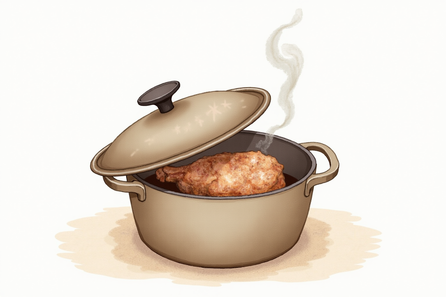 Dutch oven lid lifted revealing slow-cooked tender meat with steam