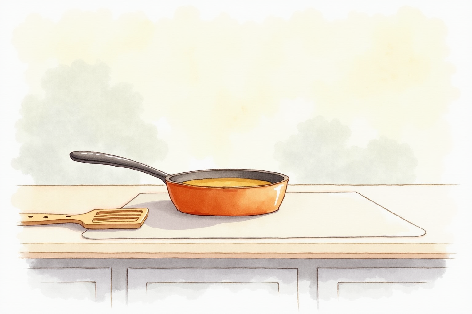 Pan of caramel sauce cooling beside a wooden spatula