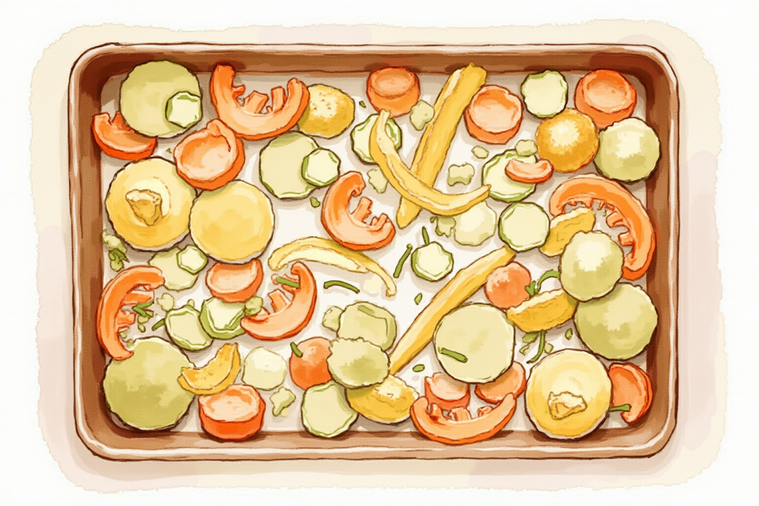 Sheet pan of roasted vegetables with deep brown crisp edges