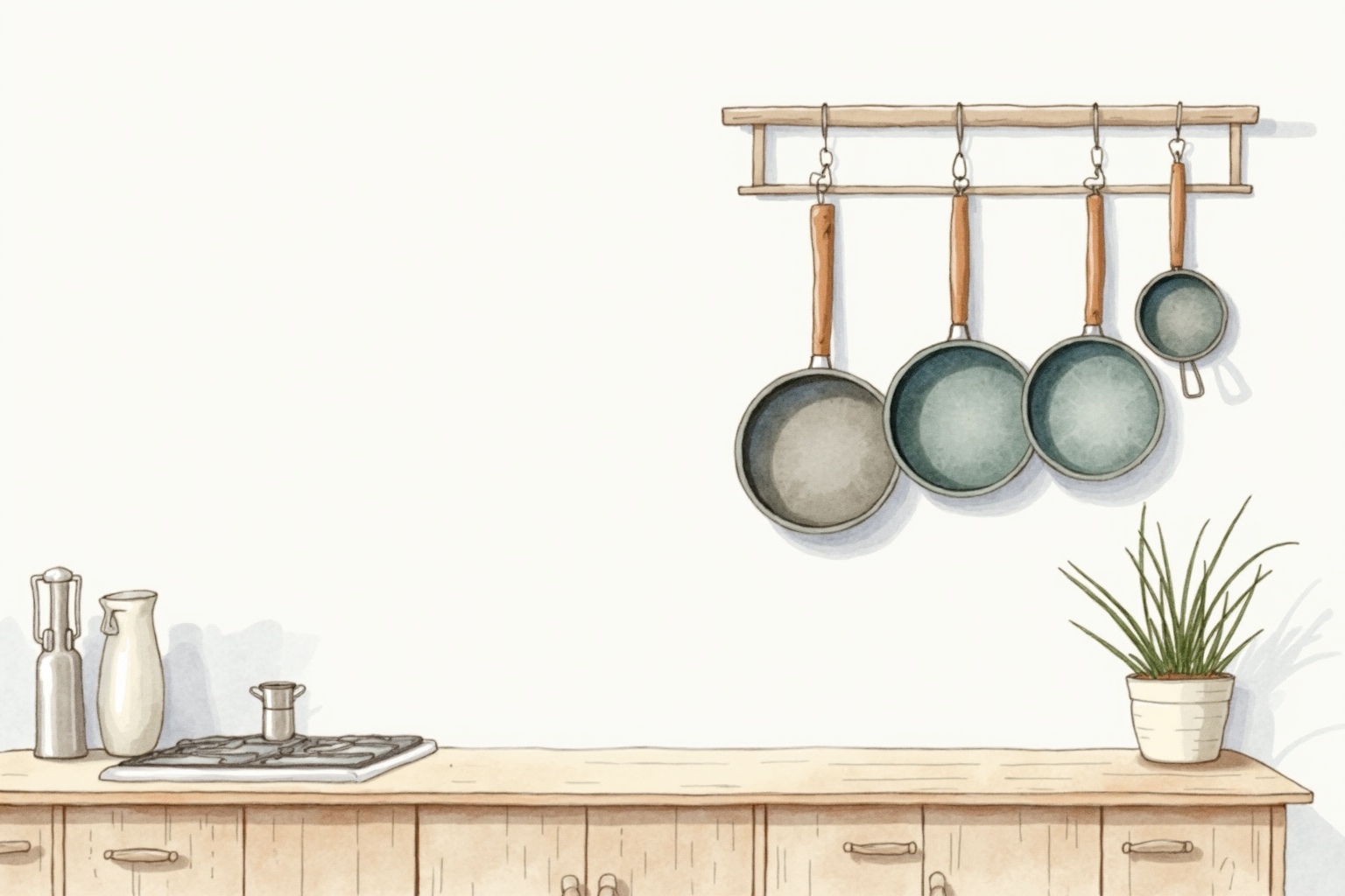 Clean kitchen with multiple pans hanging on a wall rack