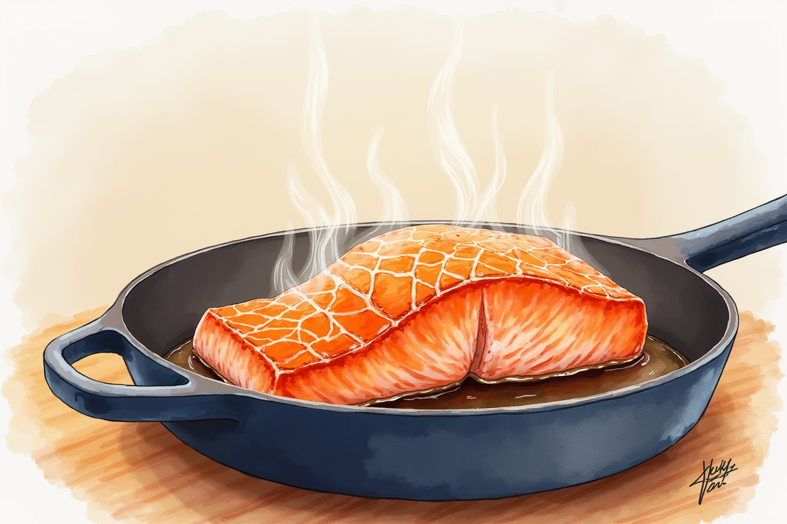 Salmon fillet searing in a hot cast iron skillet