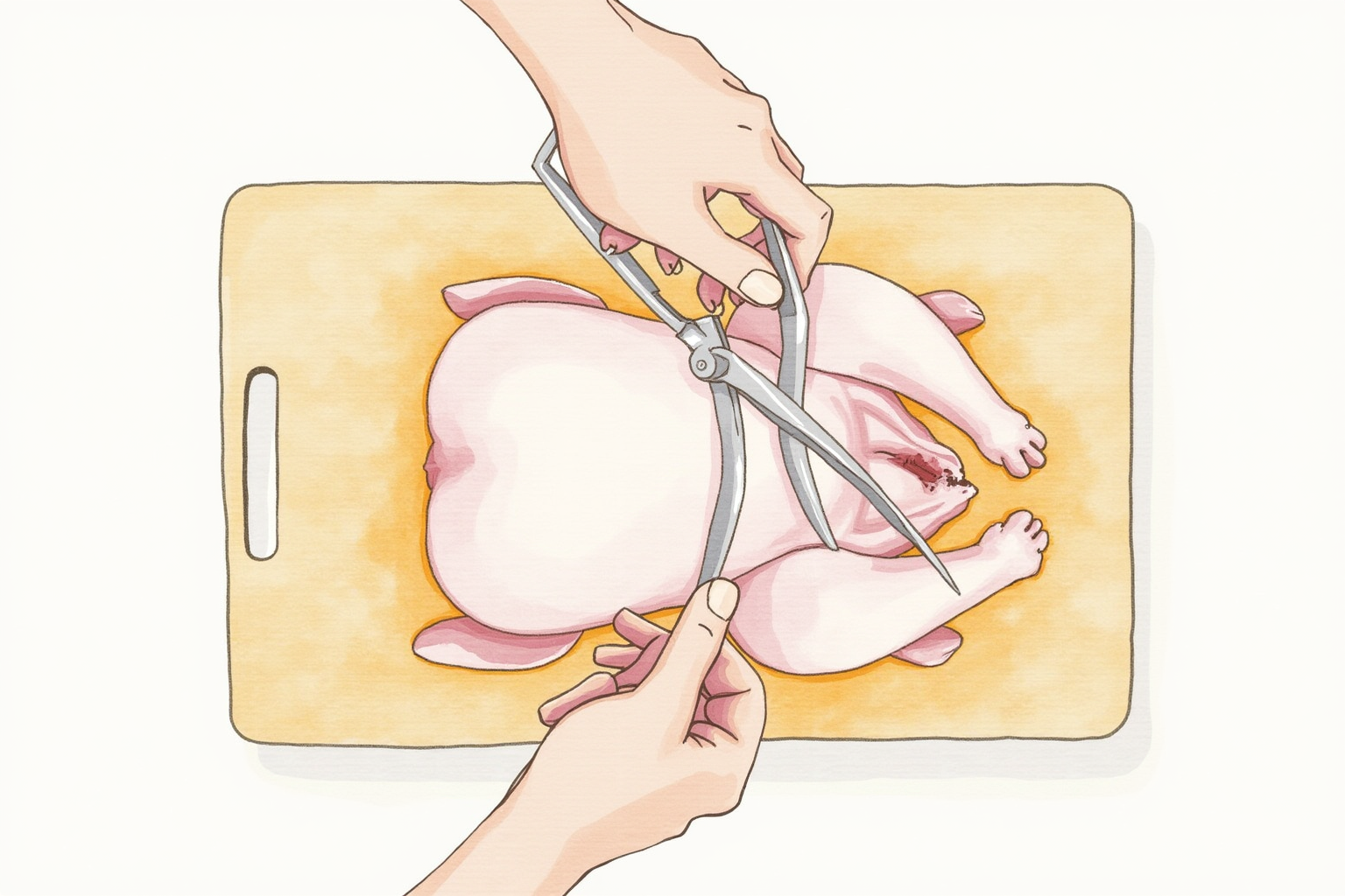 Hands using kitchen shears to remove backbone from a chicken