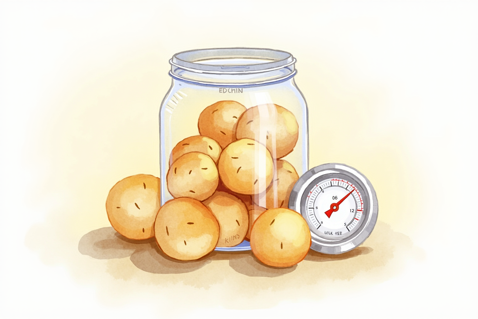 Glass jar of baked rolls just out of the oven with thermometer