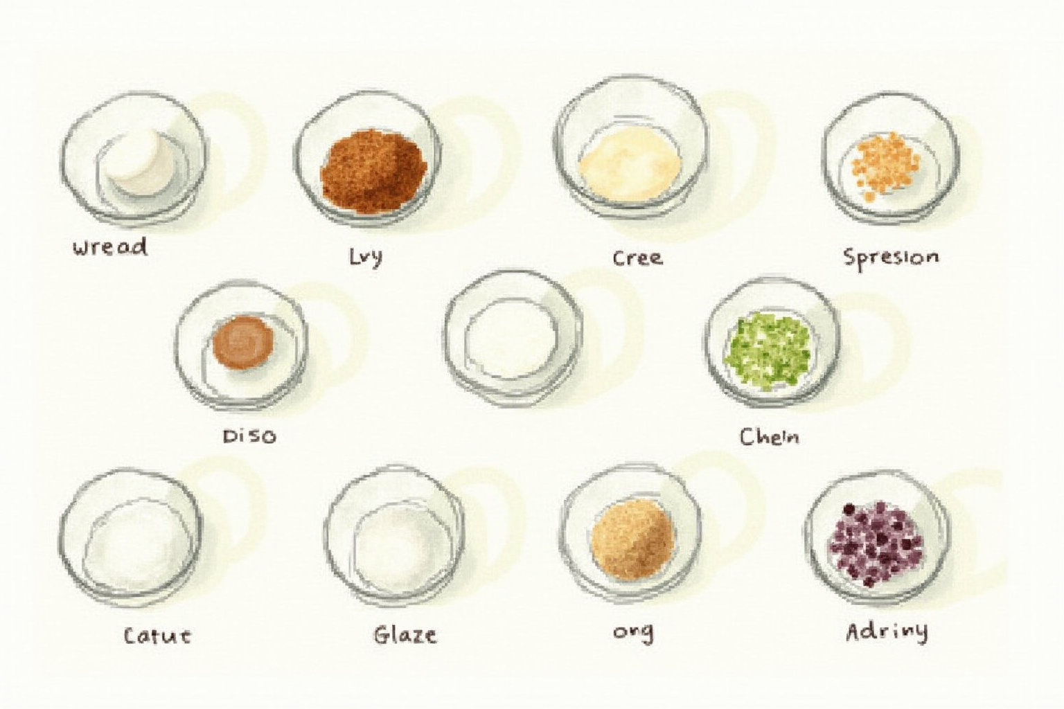 Mise en place with pre-weighed ingredients in glass bowls