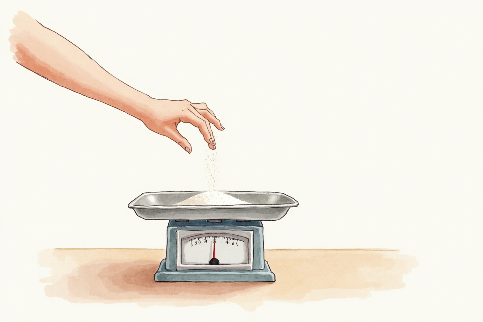 Hand pouring flour onto a scale tray to measure precisely