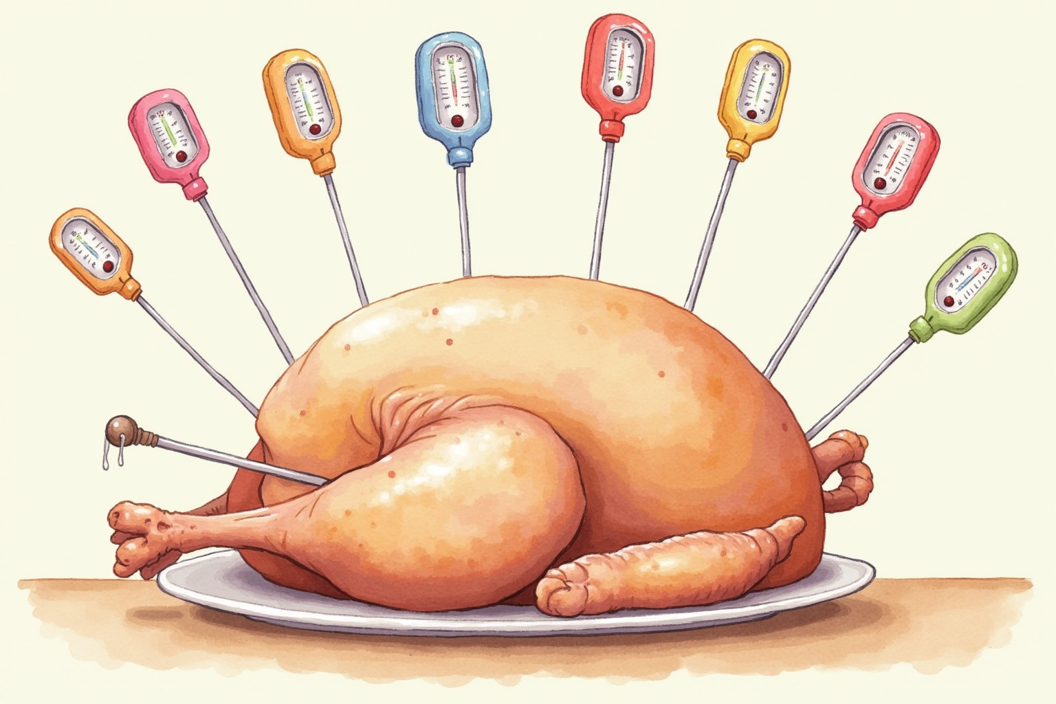 Multiple thermometer probes in turkey finding coolest spot