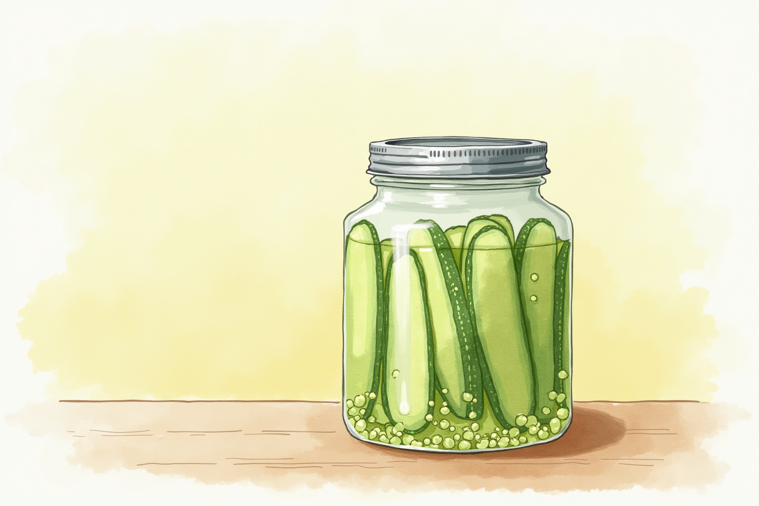 Bubbles rising in fermenting cucumber pickles in a glass jar