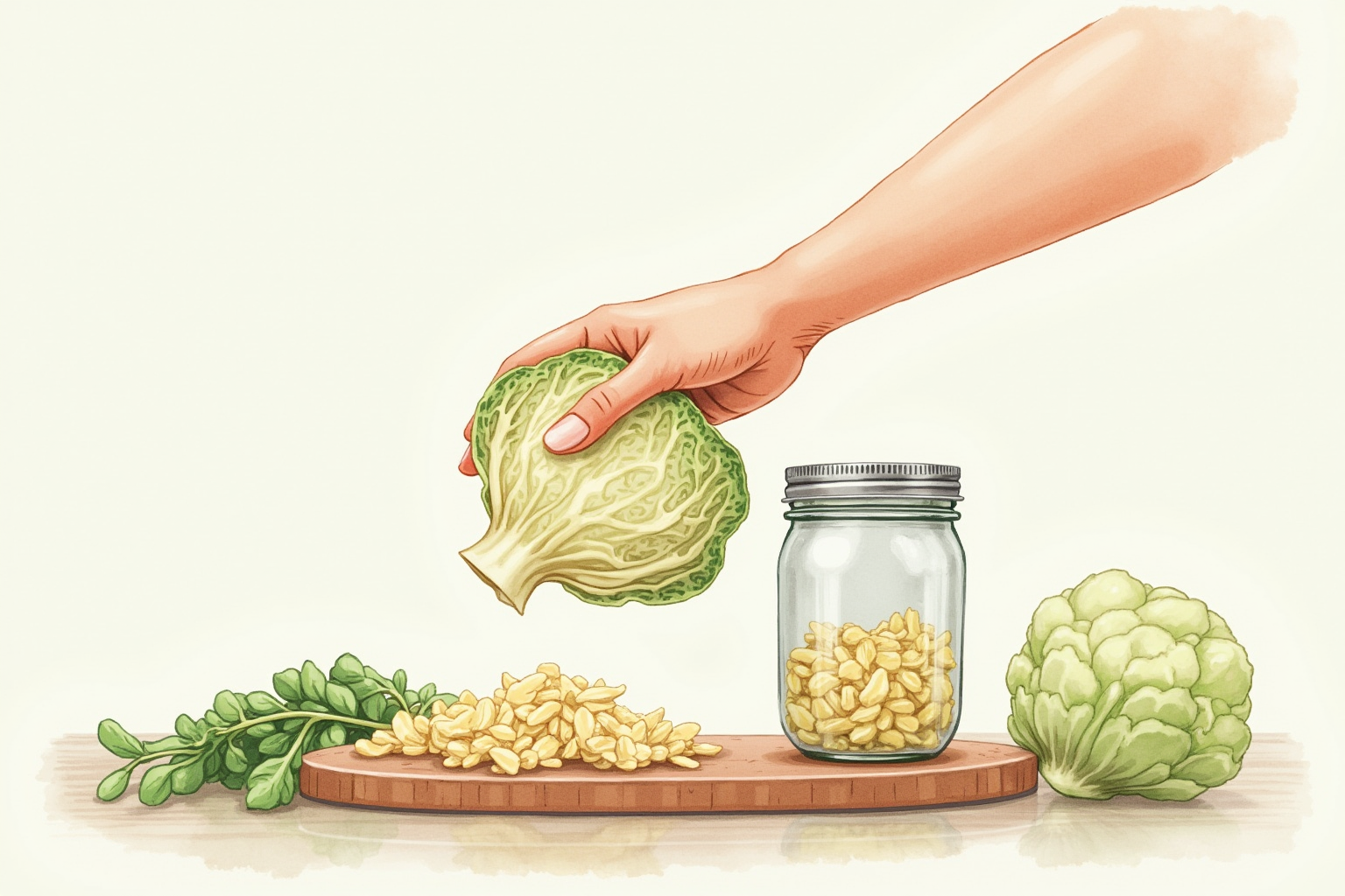 Hand pressing cabbage into a mason jar to make sauerkraut