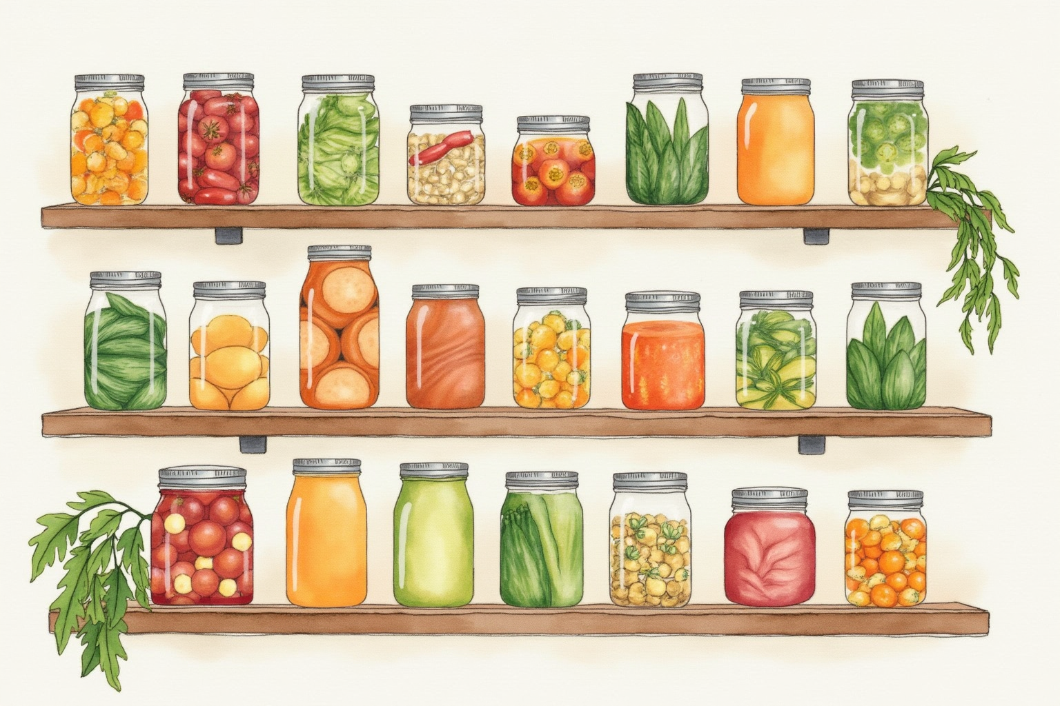 Finished fermented vegetables in mason jars on a wooden pantry shelf
