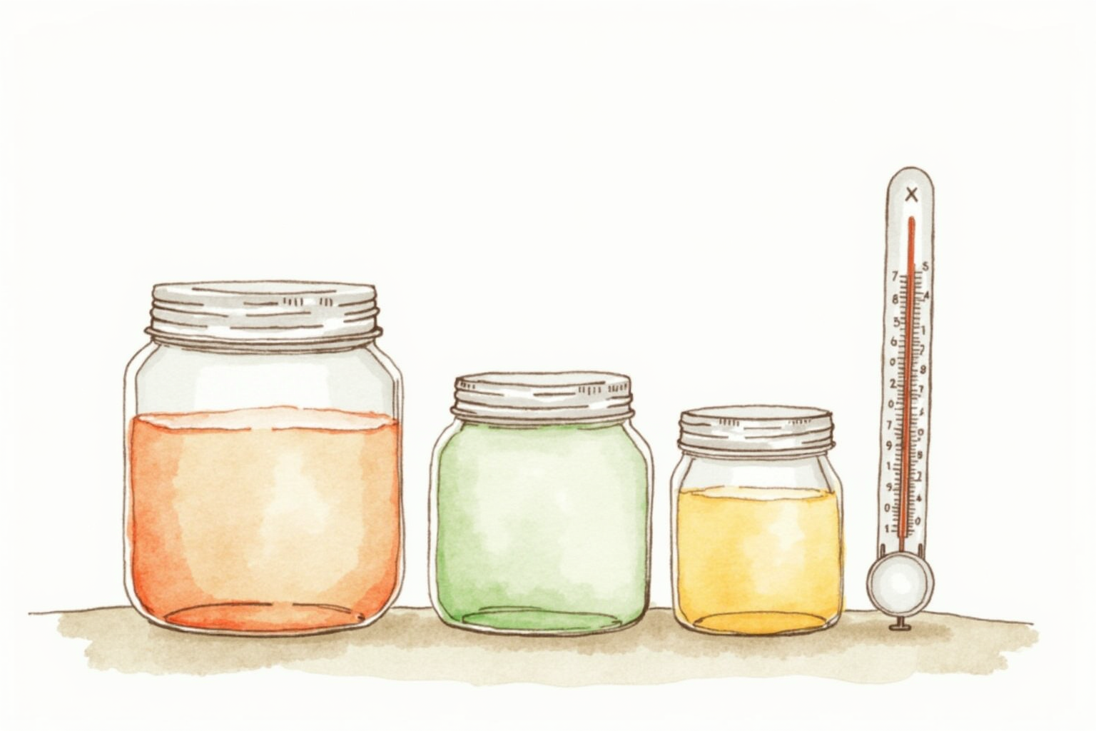 Thermometer beside fermenting mason jars showing temperature
