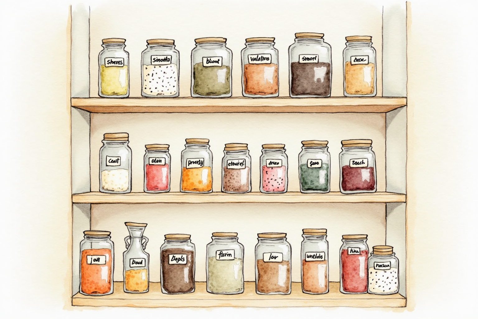 Organized spice cabinet with labeled jars arranged by color