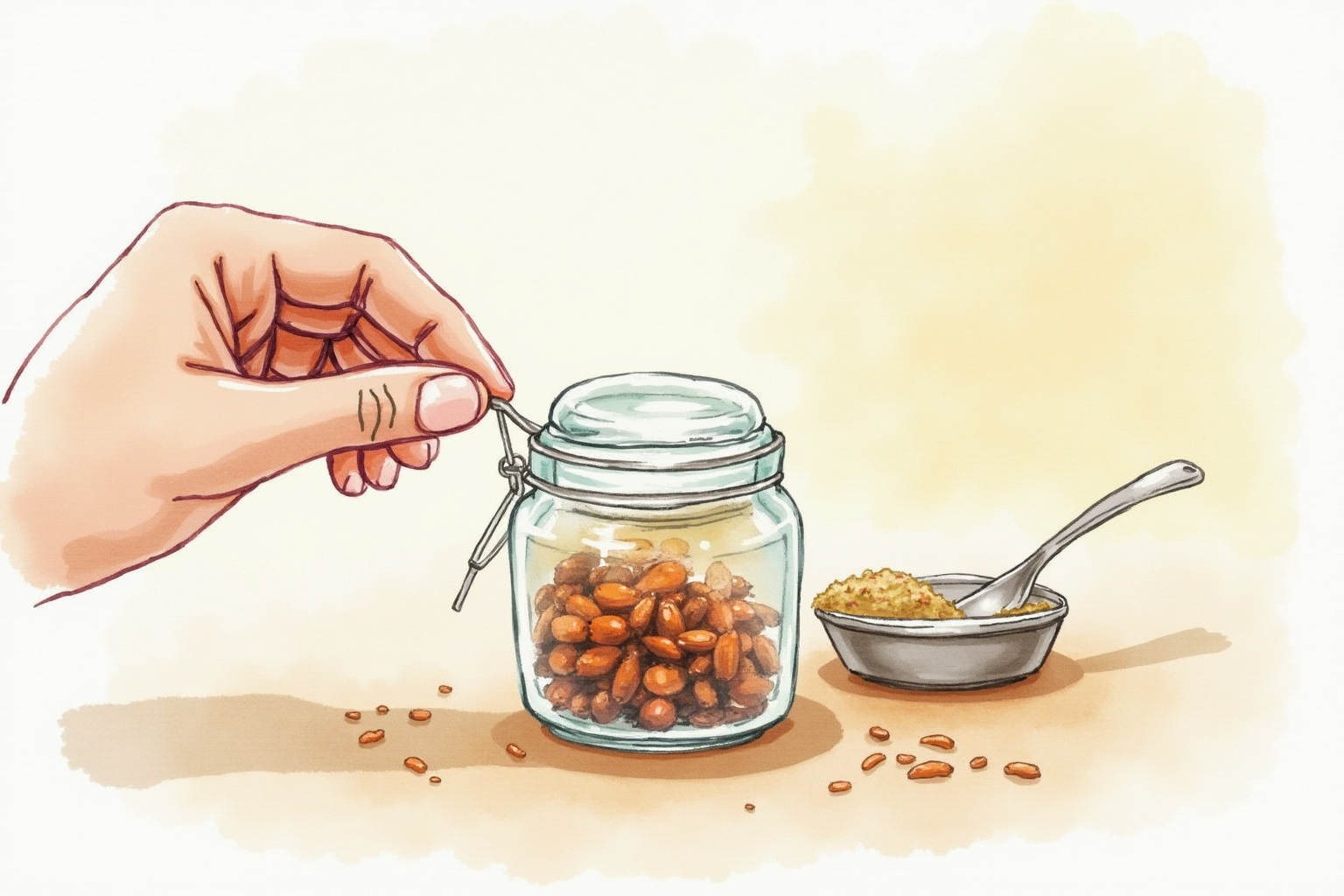 Hand sniffing a small jar of fresh spices to check freshness
