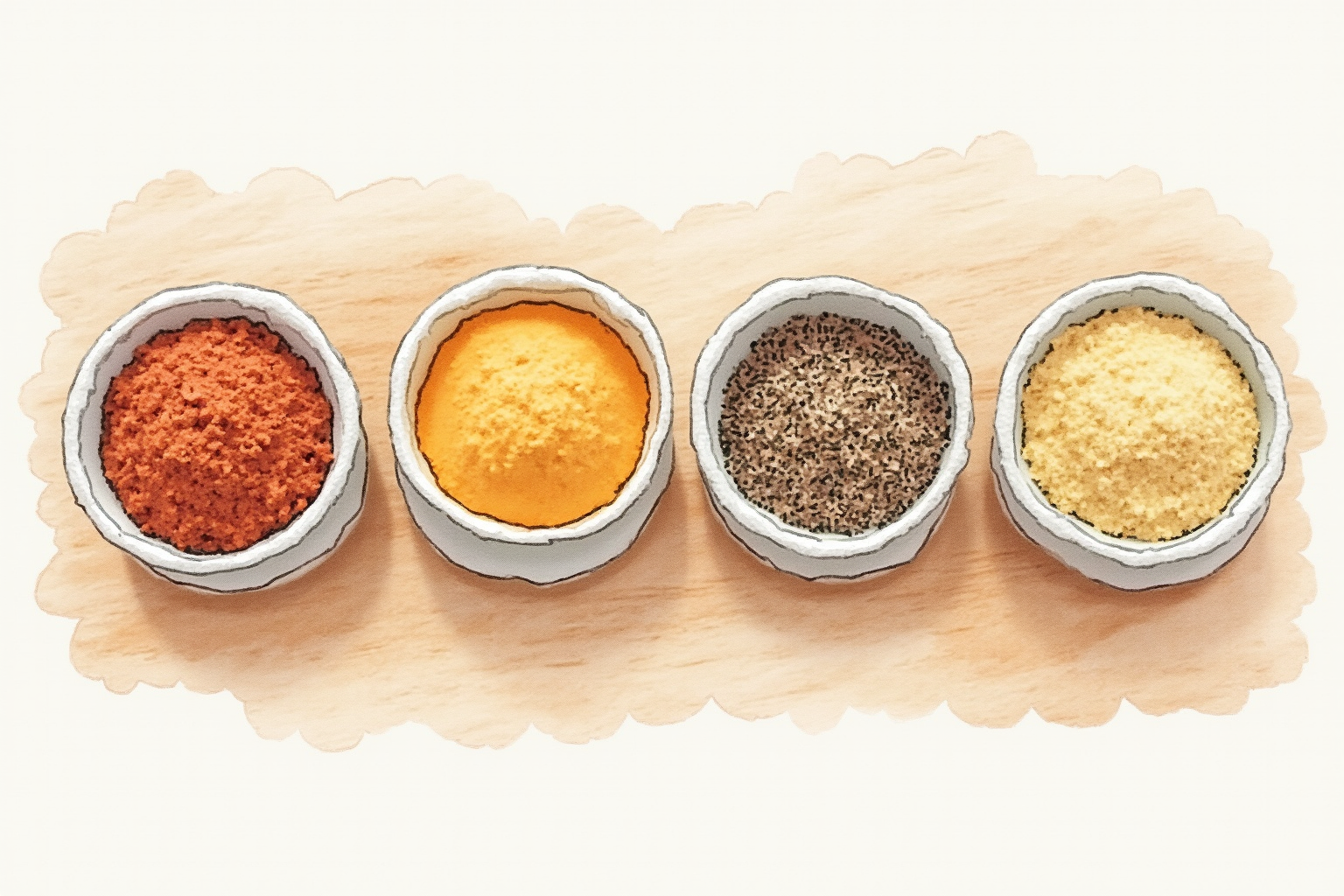 Whole and ground spices side-by-side in small bowls