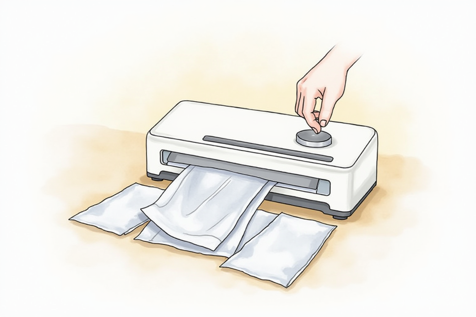 Hand pressing vacuum seal button on a countertop sealer