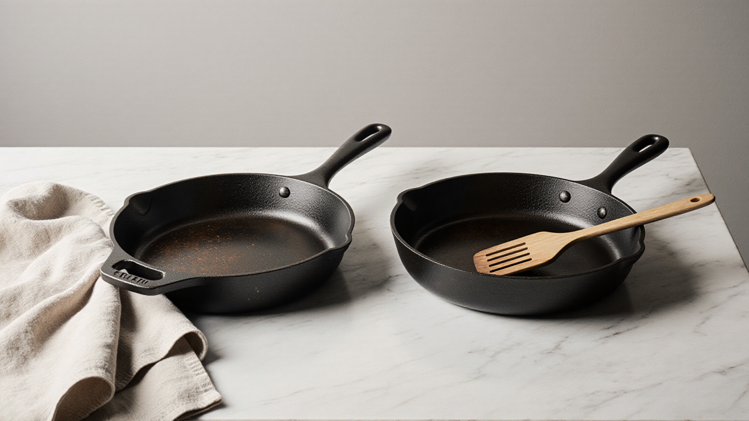 Cast iron and carbon steel skillets side by side on a neutral counter