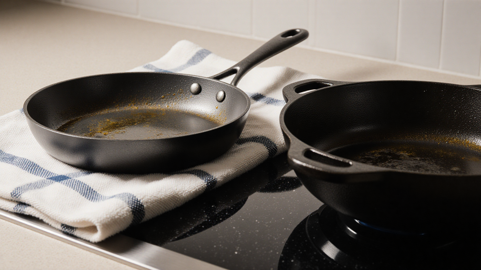 Two dark pans on a stovetop with blank towel and no labels