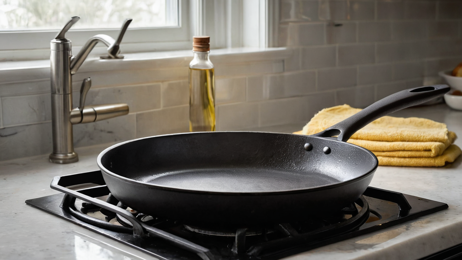 Seasoned pan on a clean stove with oil bottle and blank towel