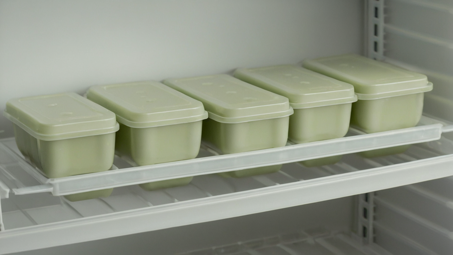 Small plain sealed containers arranged on a clean freezer shelf