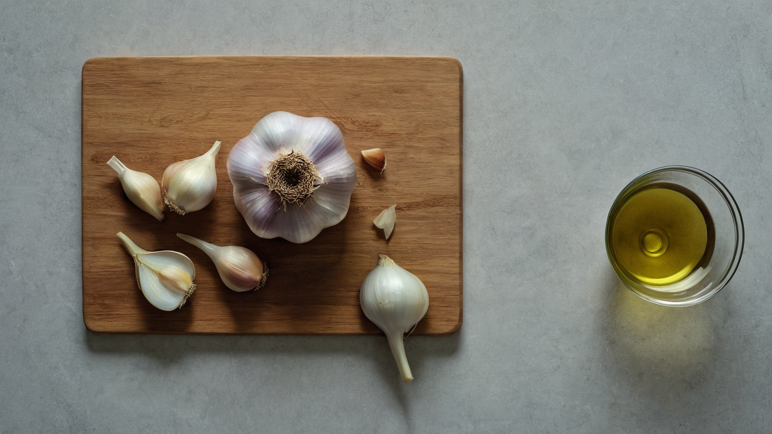A garlic bulb, peeled cloves, and a small bowl of oil prepared on a clean board