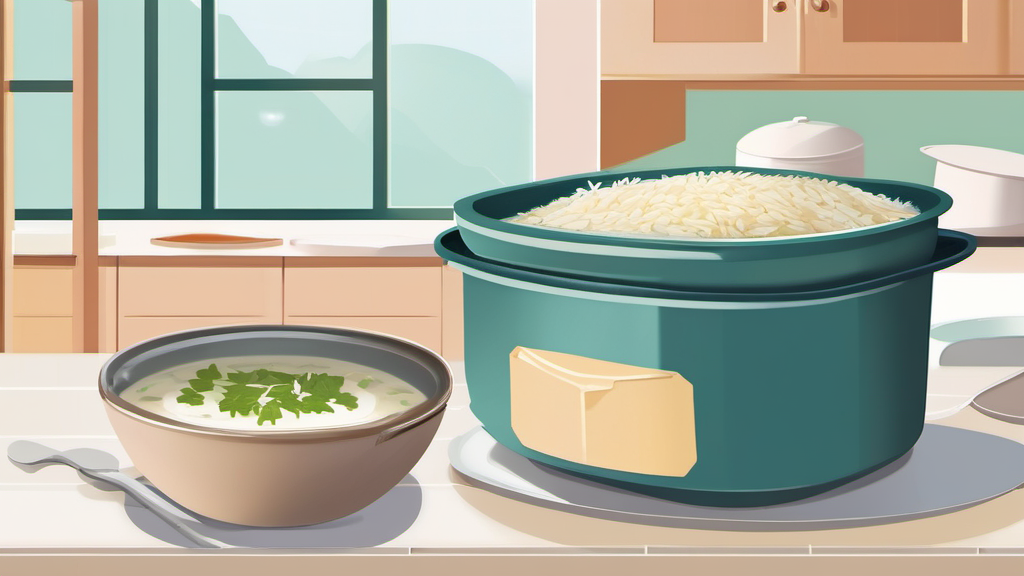 Shallow containers cooling soup and rice on a kitchen counter