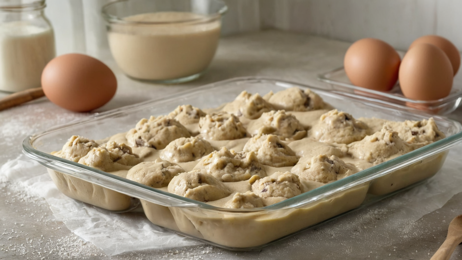 Portioned raw cookie dough on a tray beside whole eggs and a wooden spoon