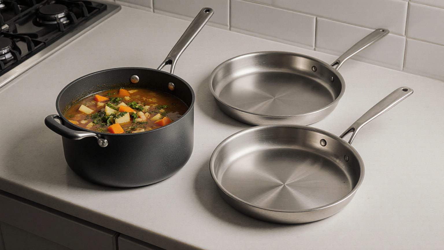 A stockpot beside several clean shallow cooling pans