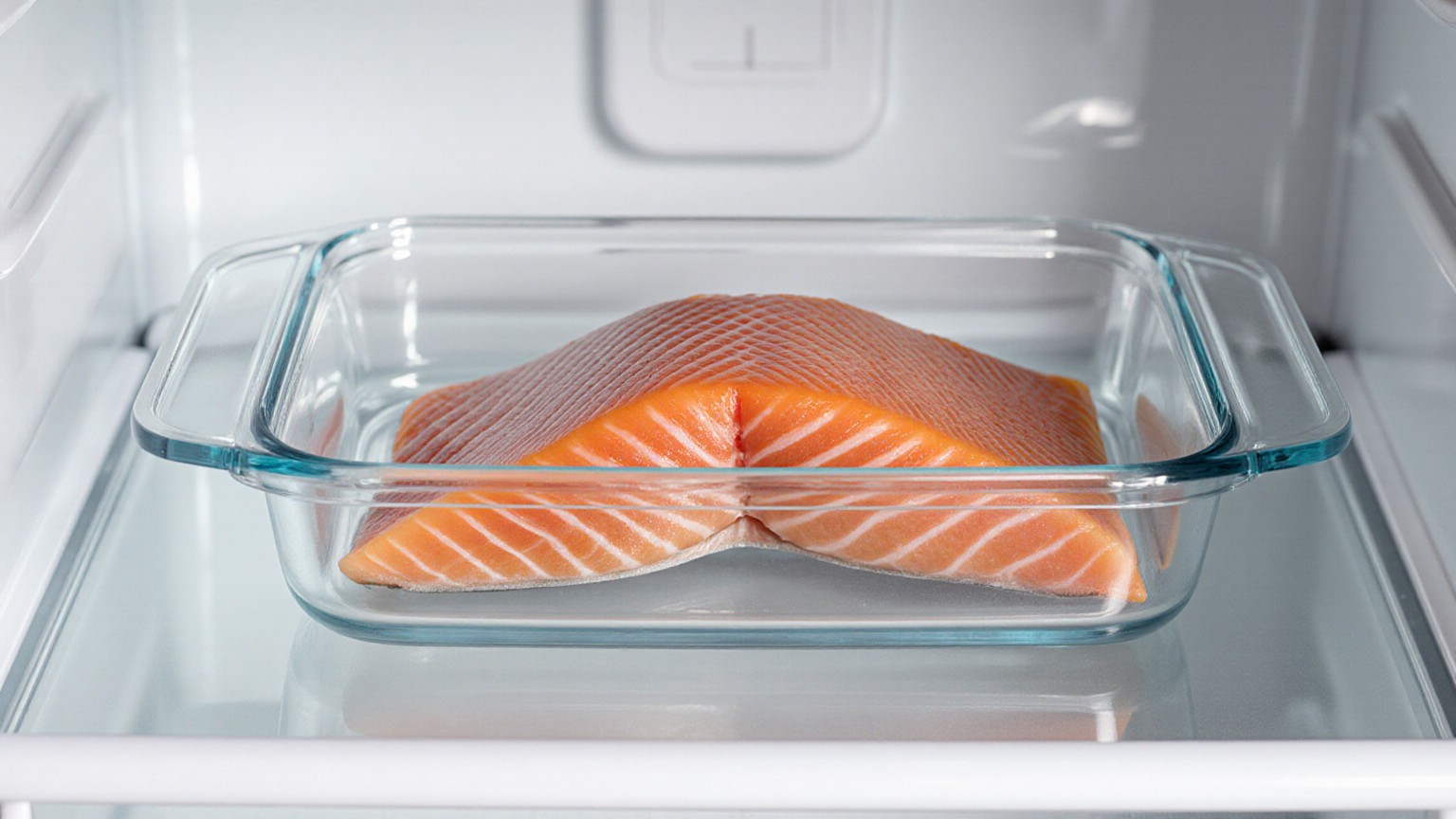 Fish removed from its pouch and placed in a covered glass dish in the refrigerator