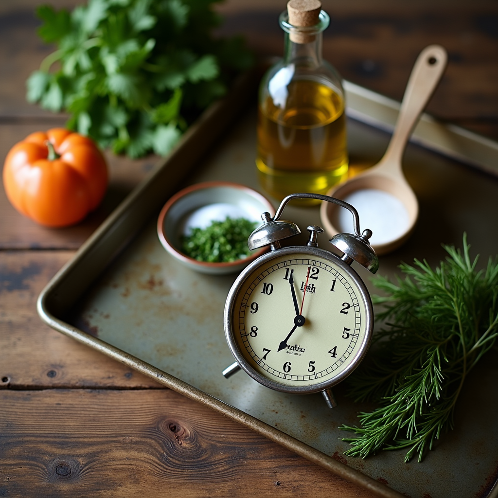 Vintage kitchen timer beside a sheet pan with herbs and seasoning prep