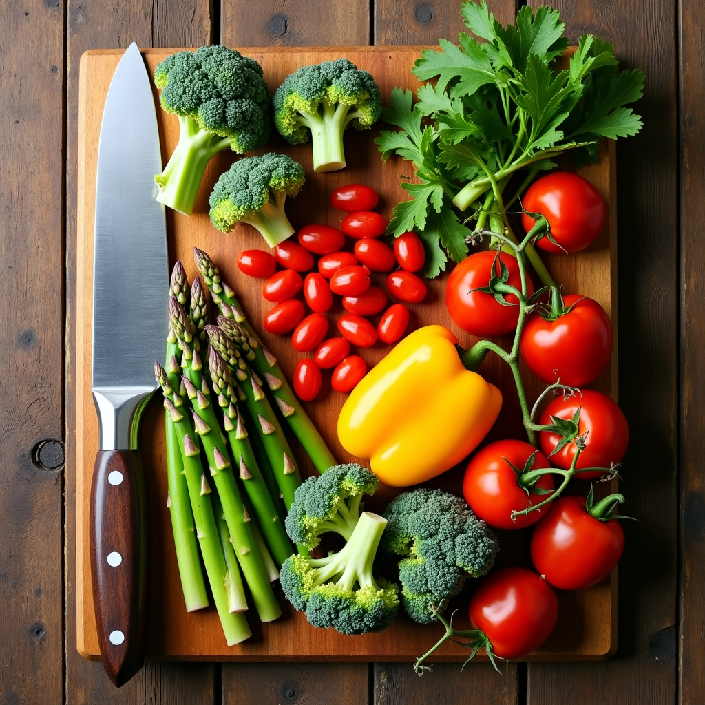 Top-down flat lay of fresh vegetables prepped on a wooden cutting board