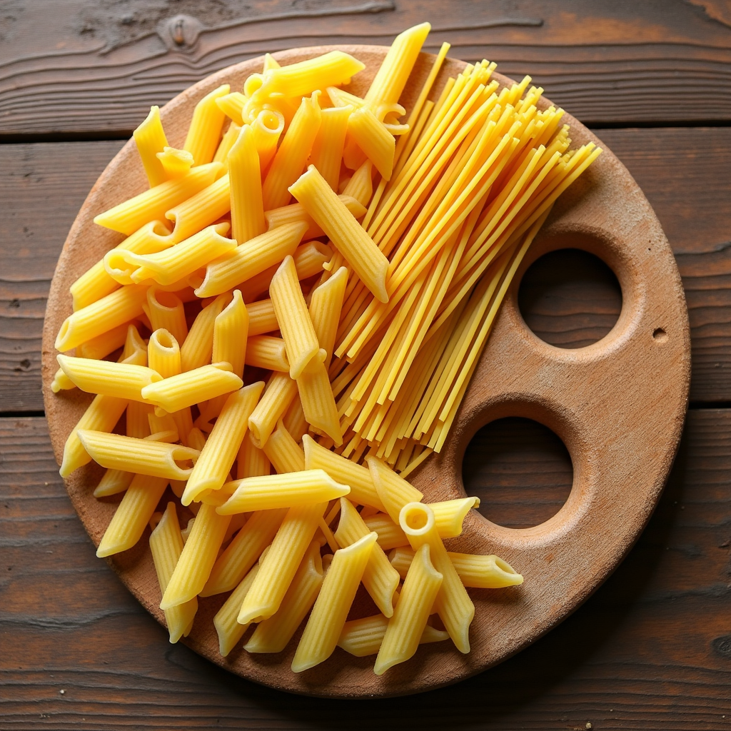 Watercolor illustration of dried pasta noodles arranged like a paint palette