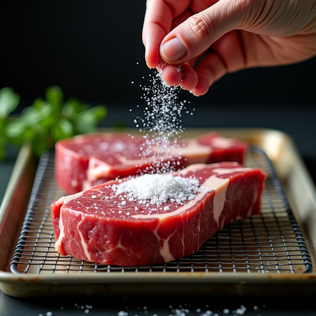 Watercolor illustration of a thick-cut steak being salted on a wire rack over a sheet pan