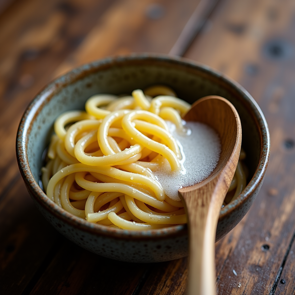 Watercolor illustration of a small ceramic bowl filled with cloudy starchy pasta water beside a wooden spoon