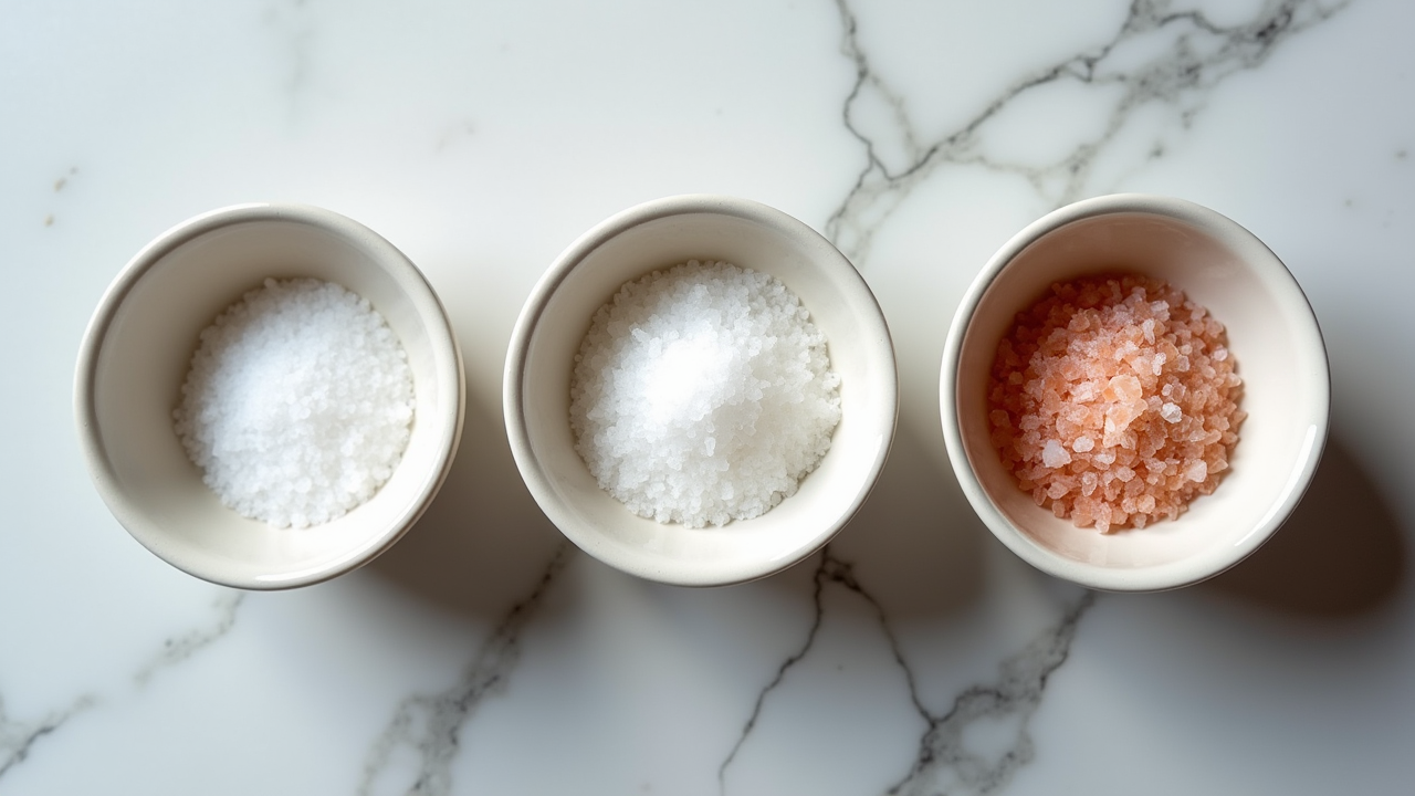 Watercolor illustration of three small bowls of different salt grains — table salt, kosher salt, and flaky sea salt — beside a digital kitchen scale