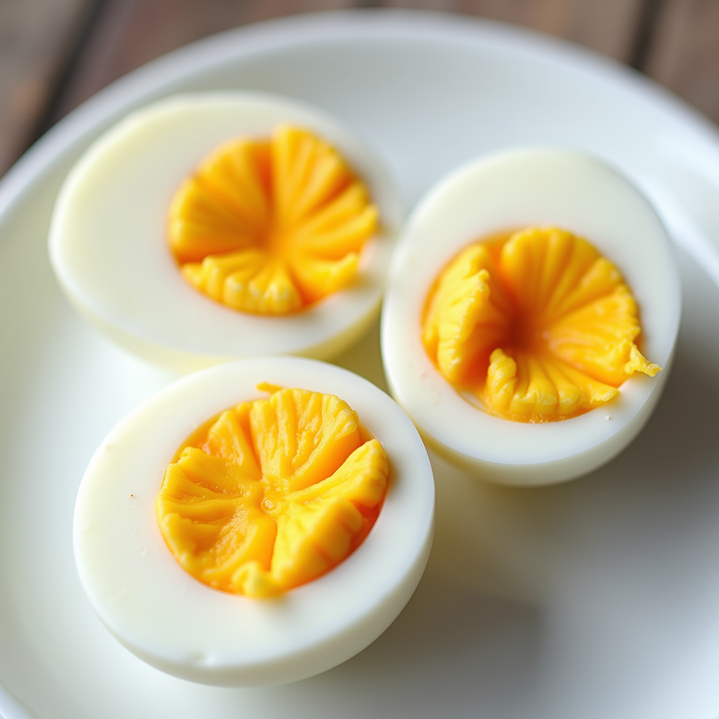 Watercolor illustration of three soft-boiled eggs cut in half showing yolks at three different doneness levels — runny, jammy, and firm