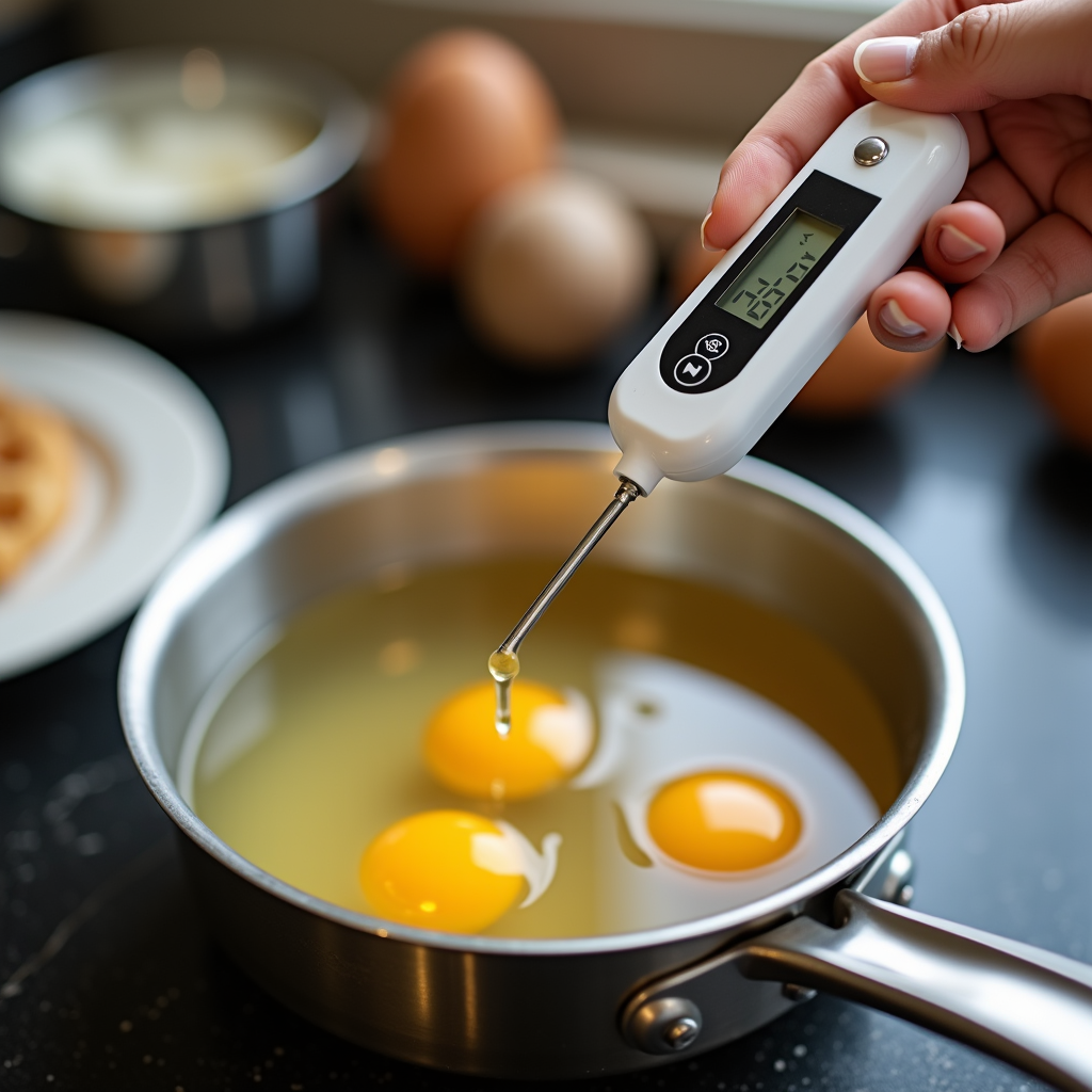 Watercolor illustration of a digital thermometer probe in a small saucepan with eggs and water